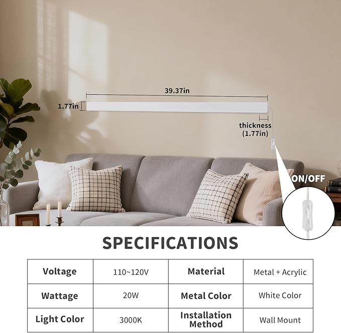 KELUOLY Modern Plug in Long Wall Sconce, 39.3" White Matte LED Wall Lights