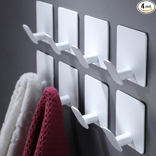 DELITON Adhesive Hooks for Hanging, 8 Pack White Wall/Towel Hooks for Bedroom