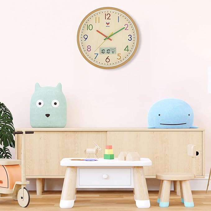 Foxtop Digital and Analog Kids Wall Clock 12 Inch Silent Non-Ticking Battery