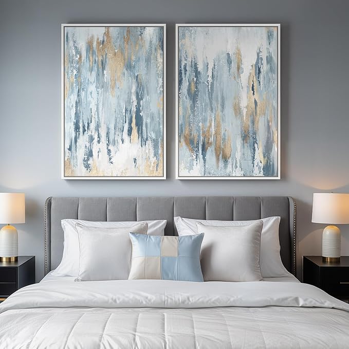 Large White Framed Blue and Gold Abstract Canvas Wall Art