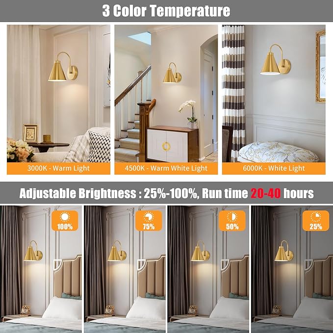 Powfloven Vintage Rechargeable Wall Sconces Set of 2, Wireless Gooseneck Indoor