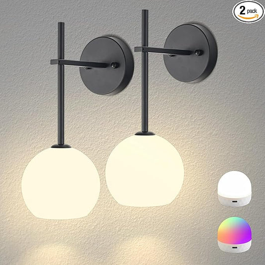 Black Battery Operated Wall Sconces Set of 2, Rechargeable Wireless Wall Lights