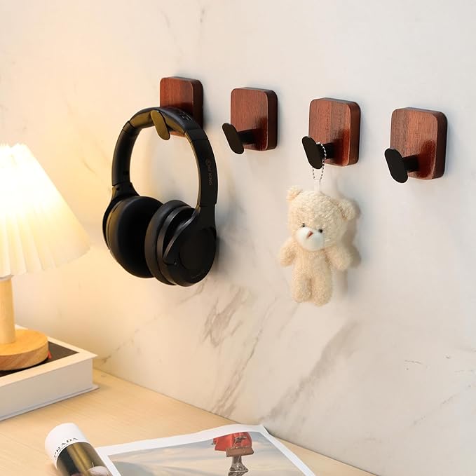 DELITON Acacia Wooden Towel Hooks Red Brown, 4 Pack Sticky Hooks