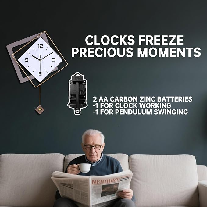Wall Clock with Pendulum, Silent Quality Quartz Battery Operated, Modern Large