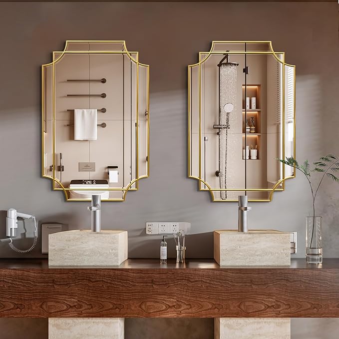 HQiJun Gold Mirror for Wall, 36x24 Gold Wood Framed, Scalloped Beveled Polished