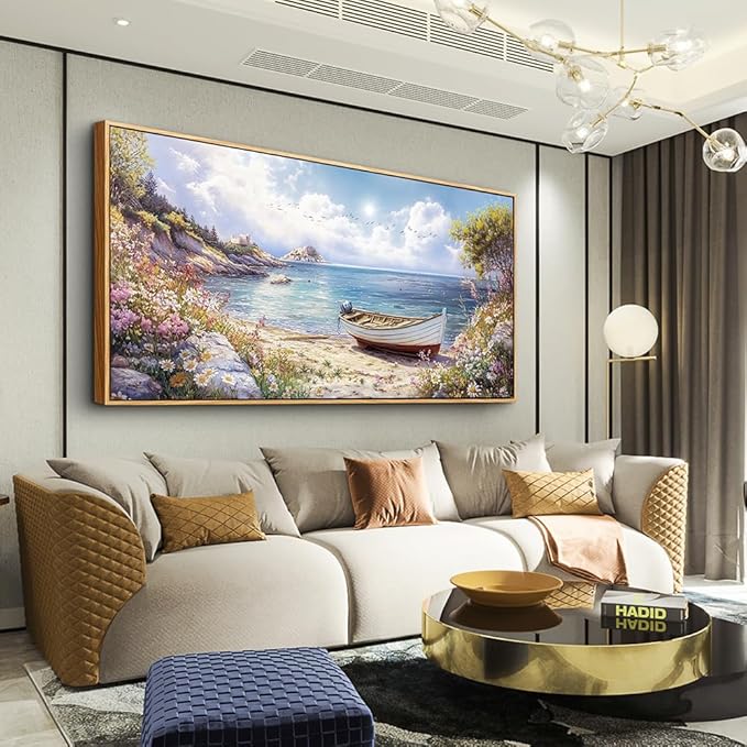 Wood Farmed Canvas Wall Art For Living Room Large Wall Decor For Office Bedroom Decorations The Sea Boat Landscape Pictures Farmhouse Painting Artwork Room Wall Mural Aesthetic Home Decor 30x60 In