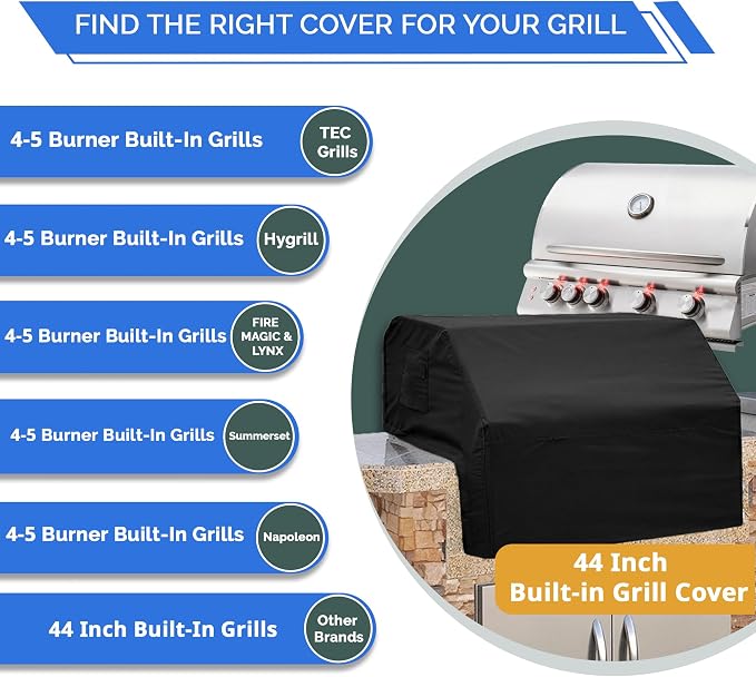 Covers & All Built-in Grill Cover for Outdoor Grill – Heavy Duty 12 oz Waterproof Built-in BBQ Grill Cover, PVC-Coated Polyester with Elastic Hem for Snug Fit (44 x 26 x 24 inches, Black)