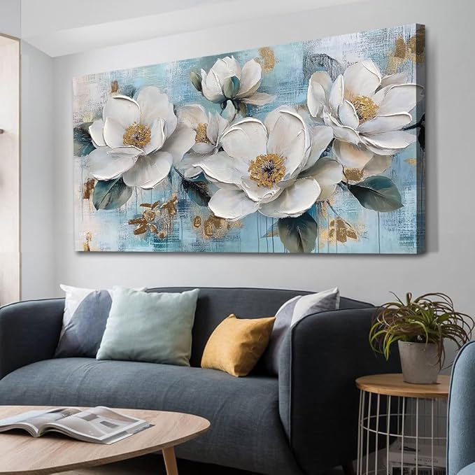 Ardemy Flower Wall Art for Living Room White Floral Canvas Art Wall Decor