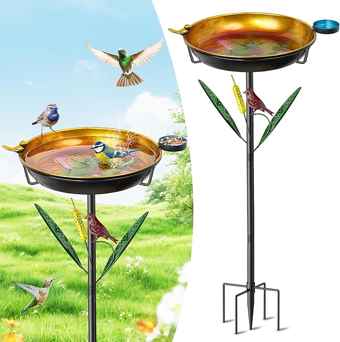 2-in-1 Bird Baths for Outside, 11.8” Diameter x 2” Deep Metal Removable Bird Feeder Water Bowl with Upgraded 5 Prongs Base, 33.5" Freestanding Garden Birdbaths for Outdoors Patio Yard Lawn Art Decor