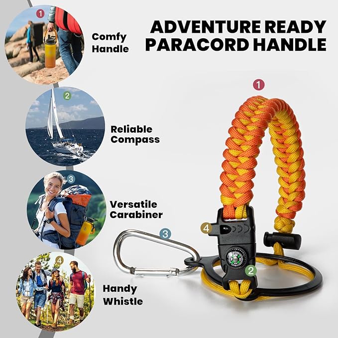 Insulated Water Bottle 32 oz, Triple Wall Vacuum Stainless Steel (Cold for 48 Hrs), Leak Proof & Non-BPA, Modern Water Flask Jug with Paracord Handle & Straw Spout Lids, Ombre Orange