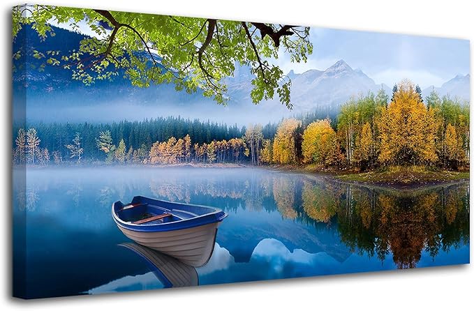 Arjun Landscape Wall Art for Living Room Lake Canvas Blue Picture Bedroom, Summer Nature Boat Artwork Modern Nature Painting Framed Large Home Office Dining Room Wall Decor, Extra Large 58"x29"
