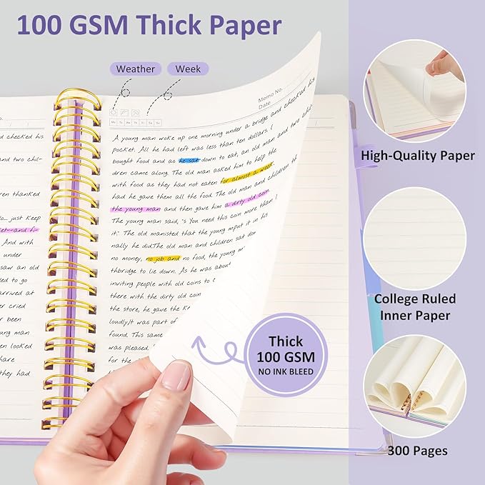 Hardcover Spiral Notebook Journal, 8"x10" Large B5 Notebooks with Removable Dividers Tabs, 300 Pages Leather 5 Subject Notebook College Ruled, Journal for Work School Note, 100 GSM Thick Paper,Purple.
