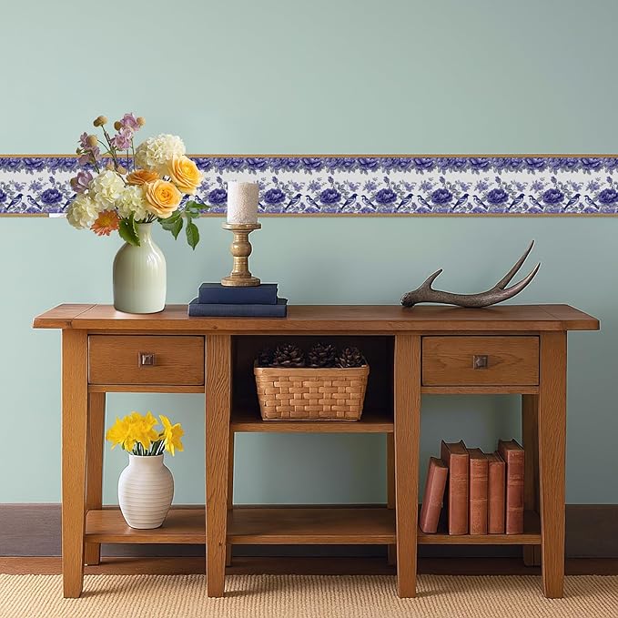 Blue Purple Floral Bird Wallpaper Border 196x4 Inch Peel and Stick Wall Border