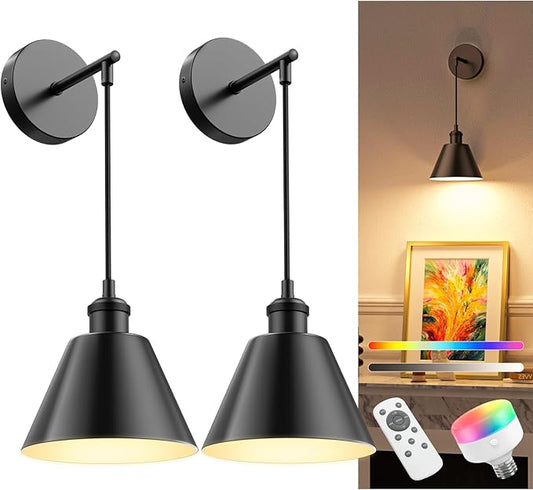 NIORSUN Matte Black Battery Operated Wall Sconce Set of 2, 5200mAh Dimmable
