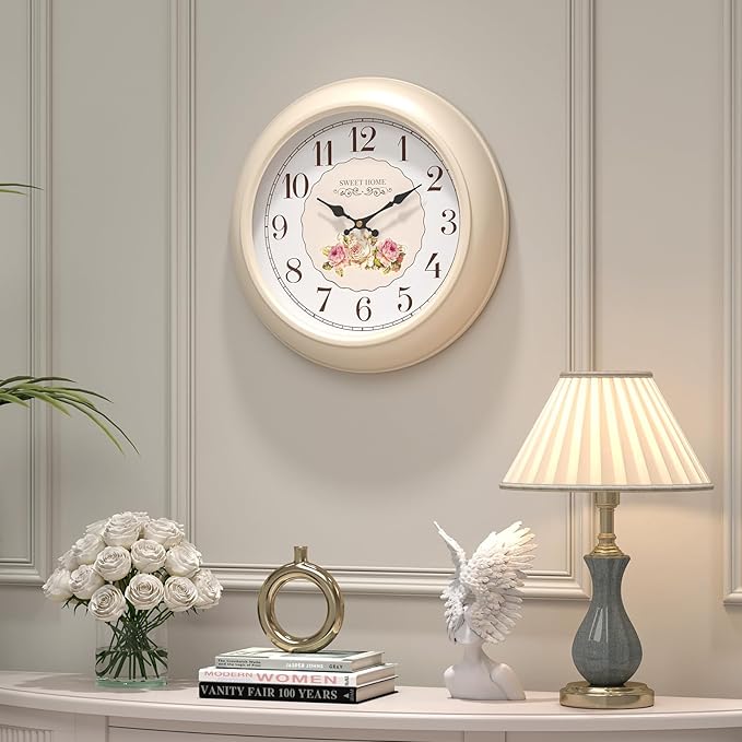 Abdurey Sweet French Rose Style Wall Clock, Battery Operated Silent, Creamy