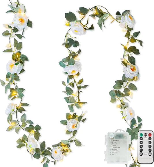 suddus Flower Garland with White Camellia Fairy Lights Indoor, 60 LED Vines