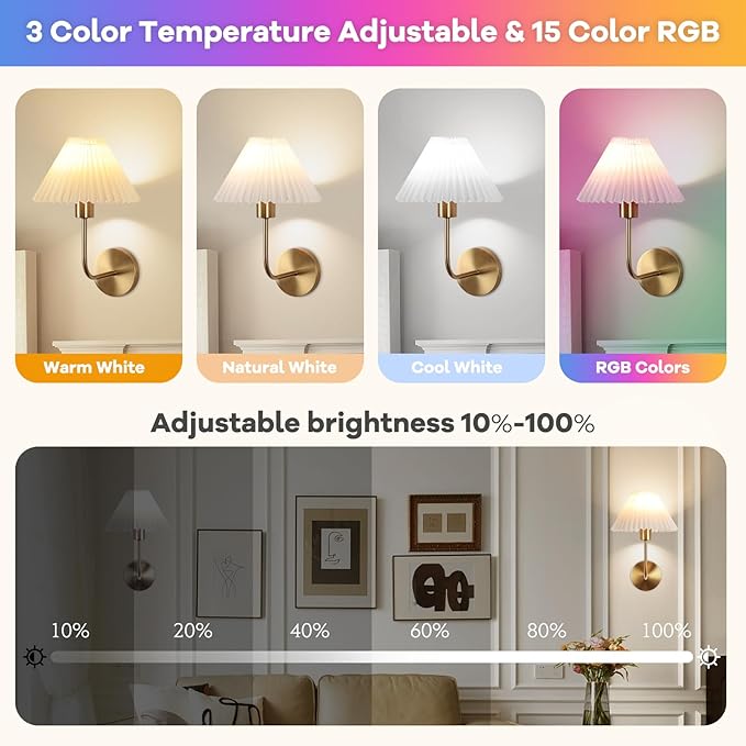 Wireless Wall Sconce Sets of 2, Pleated Shades Rechargeable Battery Operated