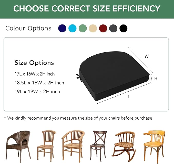 Outdoor Chair Cushions Set of 4: Waterproof & Fade Resistant Patio Furniture Cushions - 17 x 16 x 2 Inch Non Slip Round Corner Seat Cushion Pads with Removable Cover for Garden Yard Lawn, Black