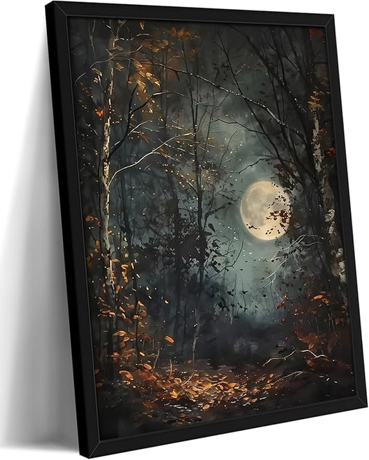 Vintage Framed Wall Art, Forest Gothic Decor, Dark Academia Celestial Moon