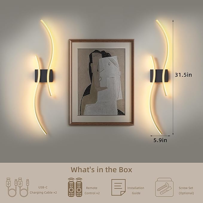 Battery Operated Wall Sconce Set of 2, Dimmable Modern LED Rechargeable Wall