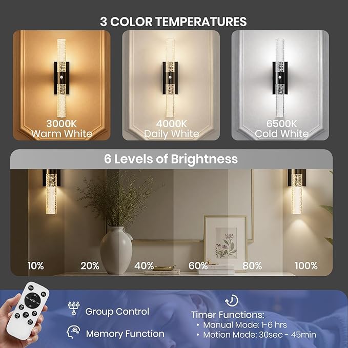 IRONPAX Wall Sconces Battery Operated Set of 2, Wireless Rechargeable Wall