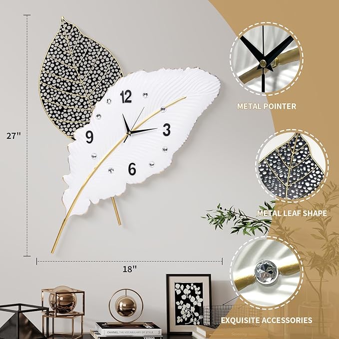 18x27 inch Large Modern Feather Leaf Shape Wall Clock