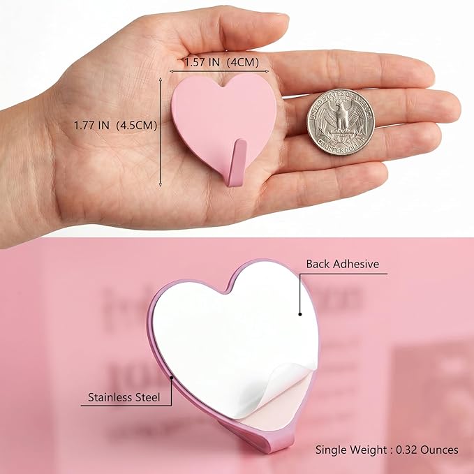 Heart Wall Hooks, 8 Pack, Small Pink Decorative Accessories, Purse Hanger