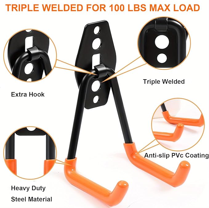 16 Pack Garage Hooks Heavy Duty, Industrial Wall Mount Garage Storage Hooks for Hanging Bike, Ladder and Garden Tools, Organization System with Mop Broom Holders, 100 LBS Capacity, Orange