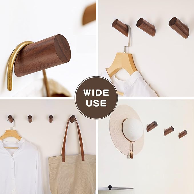 Felidio Wood Wall Hooks, 3 Pack Rustic Coat Hook Wall-Mounted, Decorative Hooks