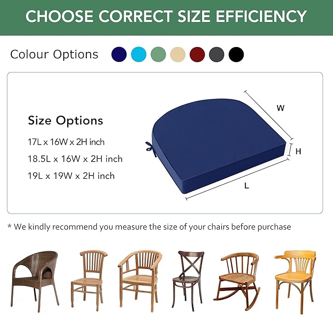 Outdoor Chair Cushions Set of 2: Waterproof & Fade Resistant Patio Furniture Cushions - 17 x 16 x 2 Inch Non Slip Round Corner Seat Cushion Pads with Removable Cover for Garden Yard Lawn, Navy Blue