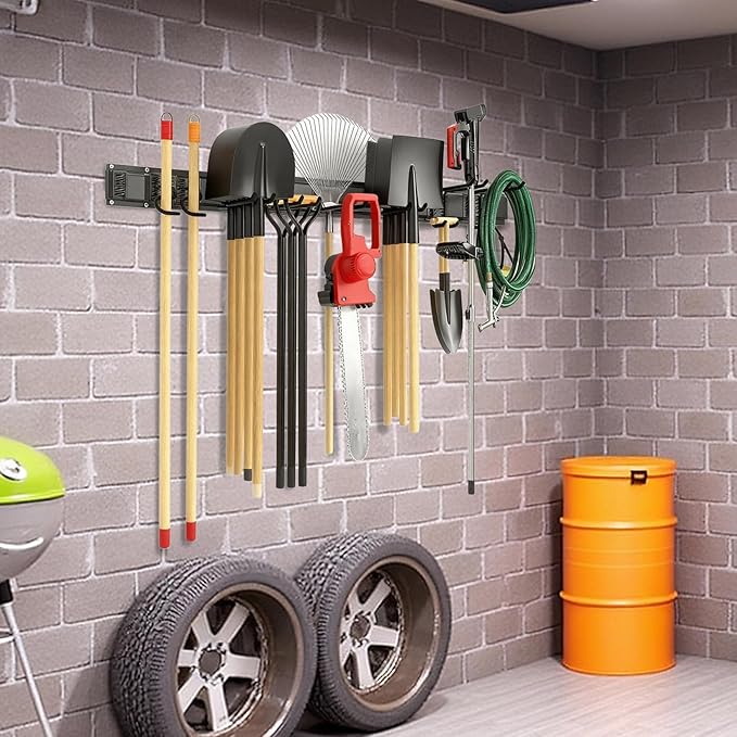 Garvee Garage Tool Organizer Wall Mount, 64 Inch Heavy Duty Garden Tool Storage Organization with 12 Adjustable Hooks, 16 Pack Yard shed Tool Organizer System for Shovel Rake Broom Ladders