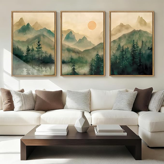 IARTTOP Large Mountain Framed Canvas Wall Art 16x24 Inch Green Foggy Forest Landscape Art Prints Set of 3 Nature woodland Landscape Wall Decor for Living Room Bedroom Office