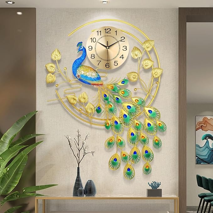 36.6 Inch Large Peacock Wall Clock Non-Ticking Silent, Creative Decorative