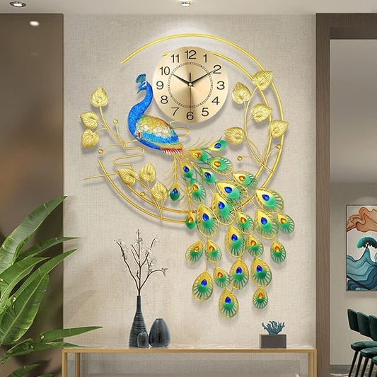 36.6 Inch Large Peacock Wall Clock Non-Ticking Silent, Creative Decorative