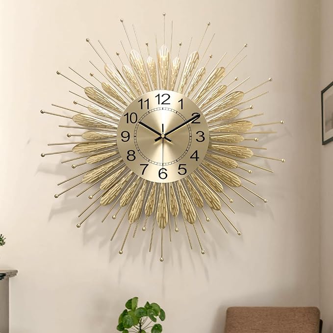Large Wall Clock, 27inch Gold Wall Clock Non-Ticking Mid Century Wall Clocks
