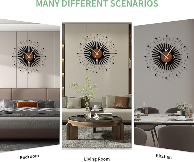 22 Inch Modern Sunburst Wall Clock Battery Operated, Silent Quartz Movement