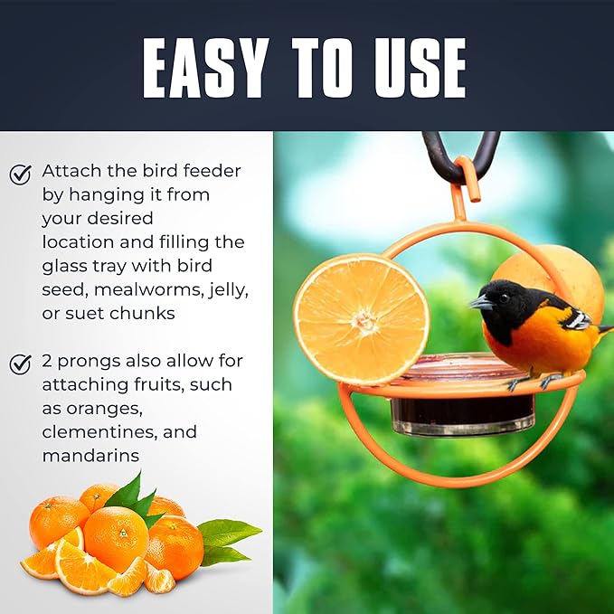 Monarch Abode Hanging Bird Feeder for Outdoors – Hanging Oriole Birdfeeder with Clear Glass Bowl and Orange Metal Perch & Prongs, Decorative Wild Bird Feeder for Outside Garden Patio Deck Yard