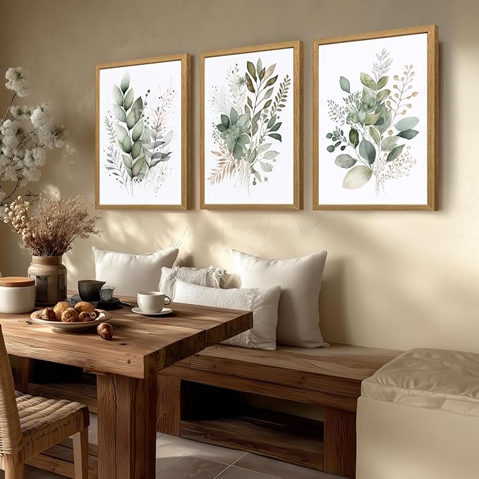 LLEEMPI Sage Green Wall Art Set of 3, Modern Watercolor Botanical Wall Decor