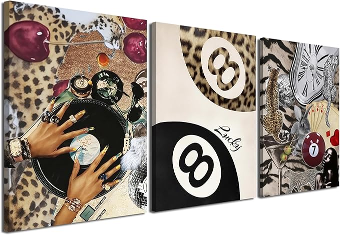 Fashion Cheetah Wall Art Set of 3 Leopard Wall Decor Pictures Lucky 8 Ball