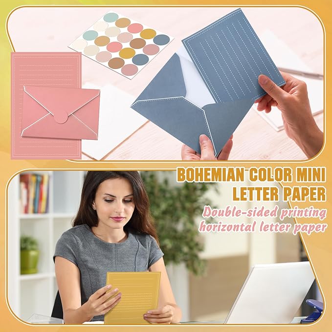 TaoBary 160 Packs Stationery Paper Set (50 Double Sided Stationery Writing Papers 50 Matching Envelopes) 60 Round Dot Sticker, 10 Design (5.5 x 8.25 Inch,Boho Color)