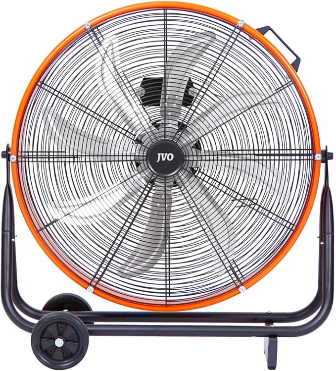 JVO 24 Inch Industrial Floor Drum Fan - 9500 CFM Heavy Duty High Velocity Floor Fan with 8 Blades 3-Speed Big Ass Fan for Warehouse, Garage, Shop, Patios Heavy Duty Shop Fans & Garage Fans for Cooling