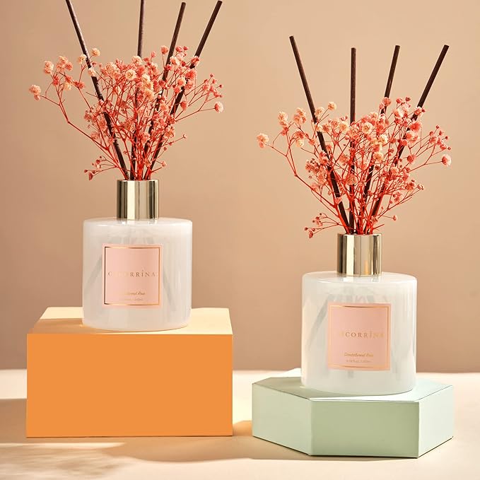 Cocorrína Premium Reed Diffuser Set with Preserved Baby's Breath & Cotton Stick Sandalwood Rose 2 Packs, 6.7oz Scent Fragrance Oil Diffuser for Bedroom Bathroom Home Décor