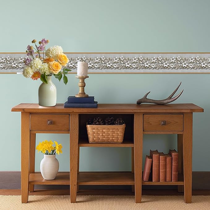 Beige Floral Wallpaper Border 196x4 Inch Peel and Stick Wall Border Removable