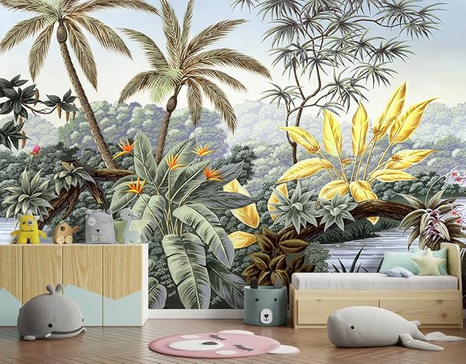 -Tropical Botanical Palm Leaf Fabric Wallpaper Living Room Bedroom Bathroom