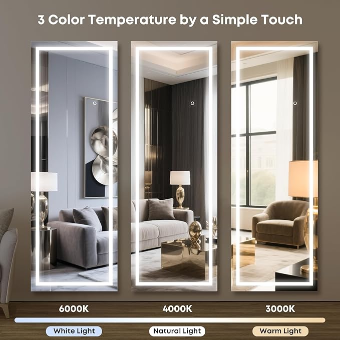 Kosmonia 65x22 Frameless Full Length Mirror, Dimmable 3 Color LED Light