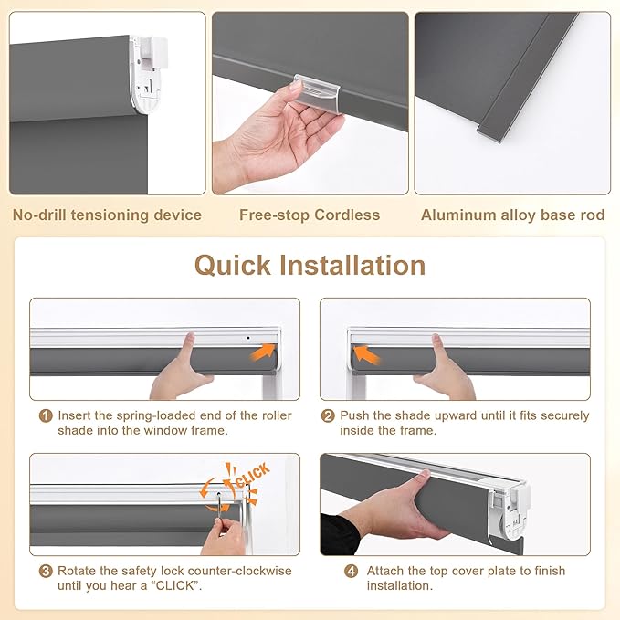 SUNOFF No Drill Tools Cordless Blackout Roller Shades Blinds