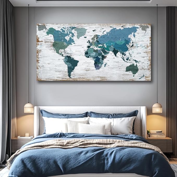 Teal Decor map of the world Canvas Wall Art Pictures