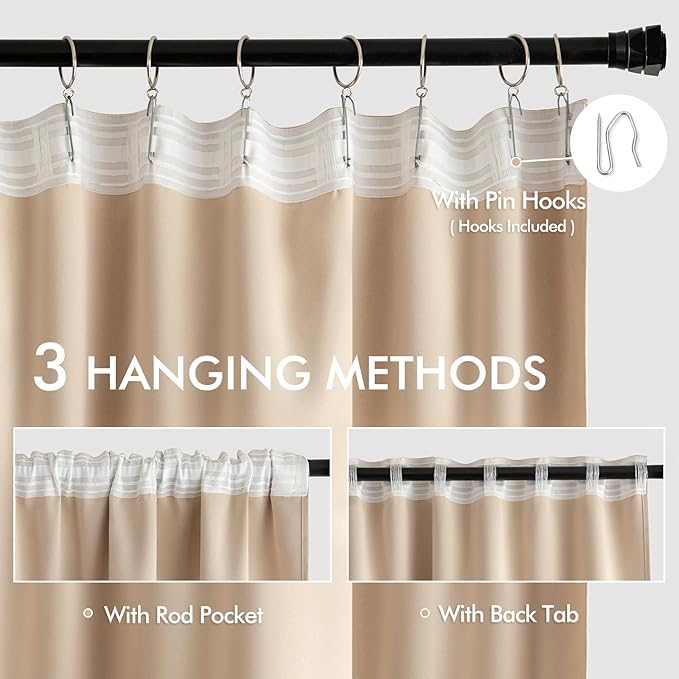 MIULEE Back Tab Beige Curtains 120 Inch Long 2 Panels Set