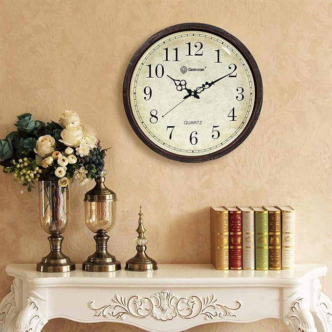 Geevon Vintage Brown Wall Clock, Silent 16" Non Ticking Wall Clock Battery