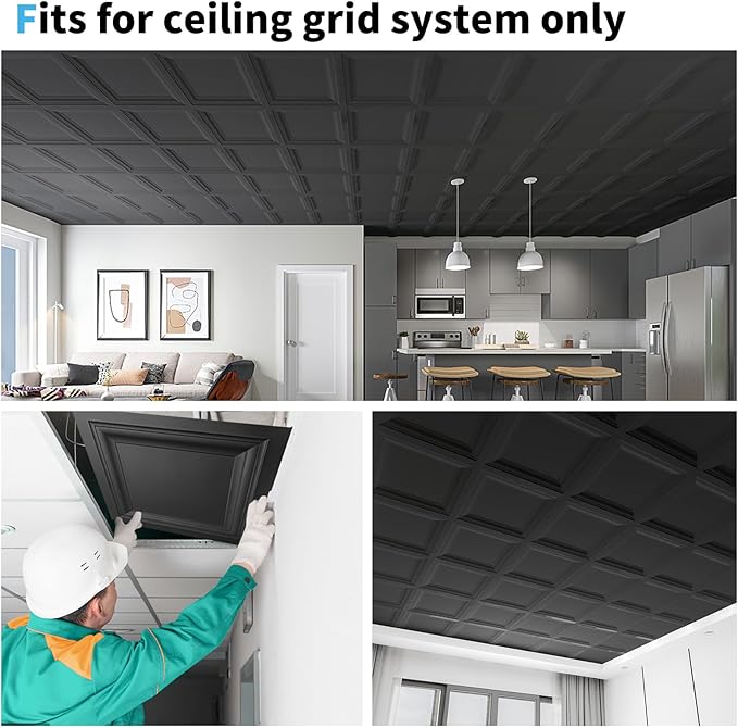 Art3d 24-Pack Square Drop Ceiling Tile 2ft x 2ft in Black, PVC Ceiling Panel 24